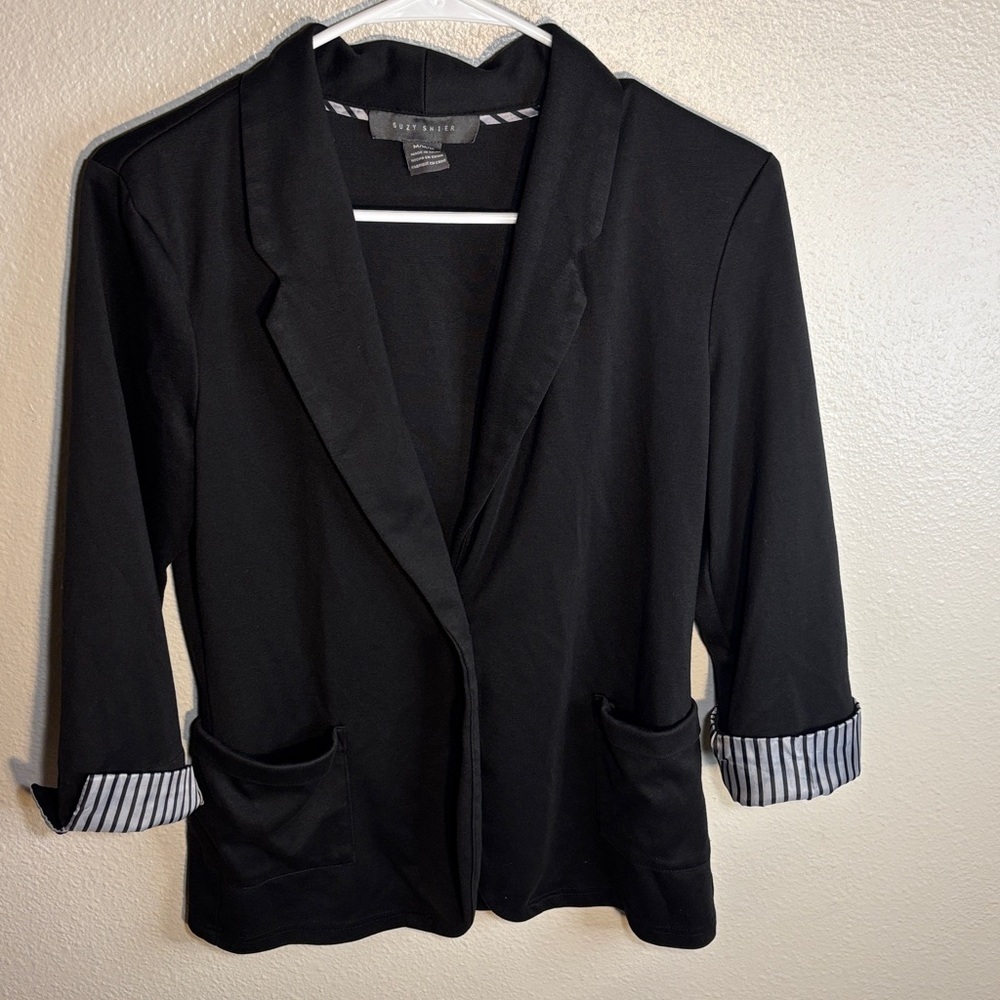 Suzy Shier Black Open-Front Blazer with Striped Sleeve Lining -166sku